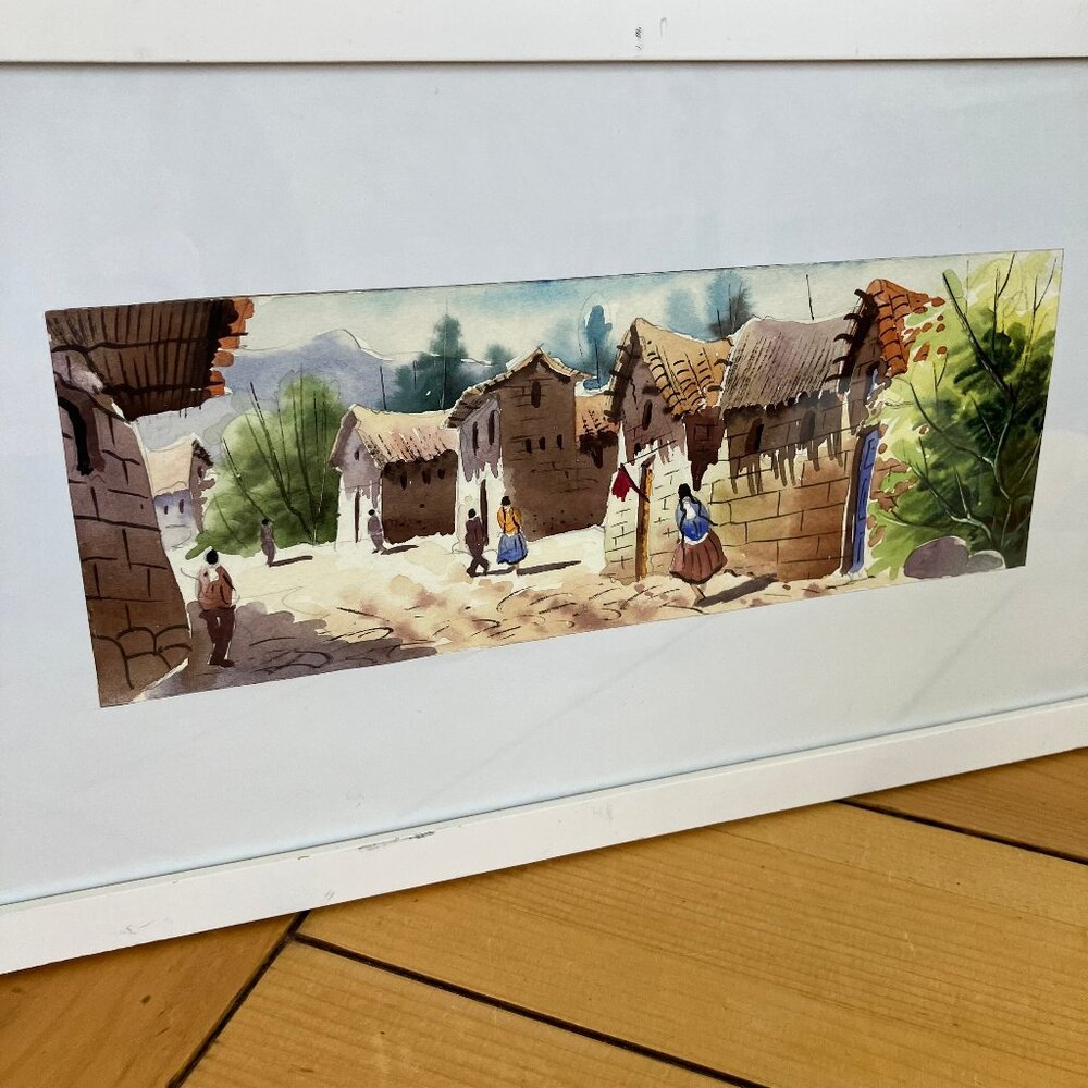 Village Scene Original Watercolor Painting Framed Artwork 8.5x14.5"
